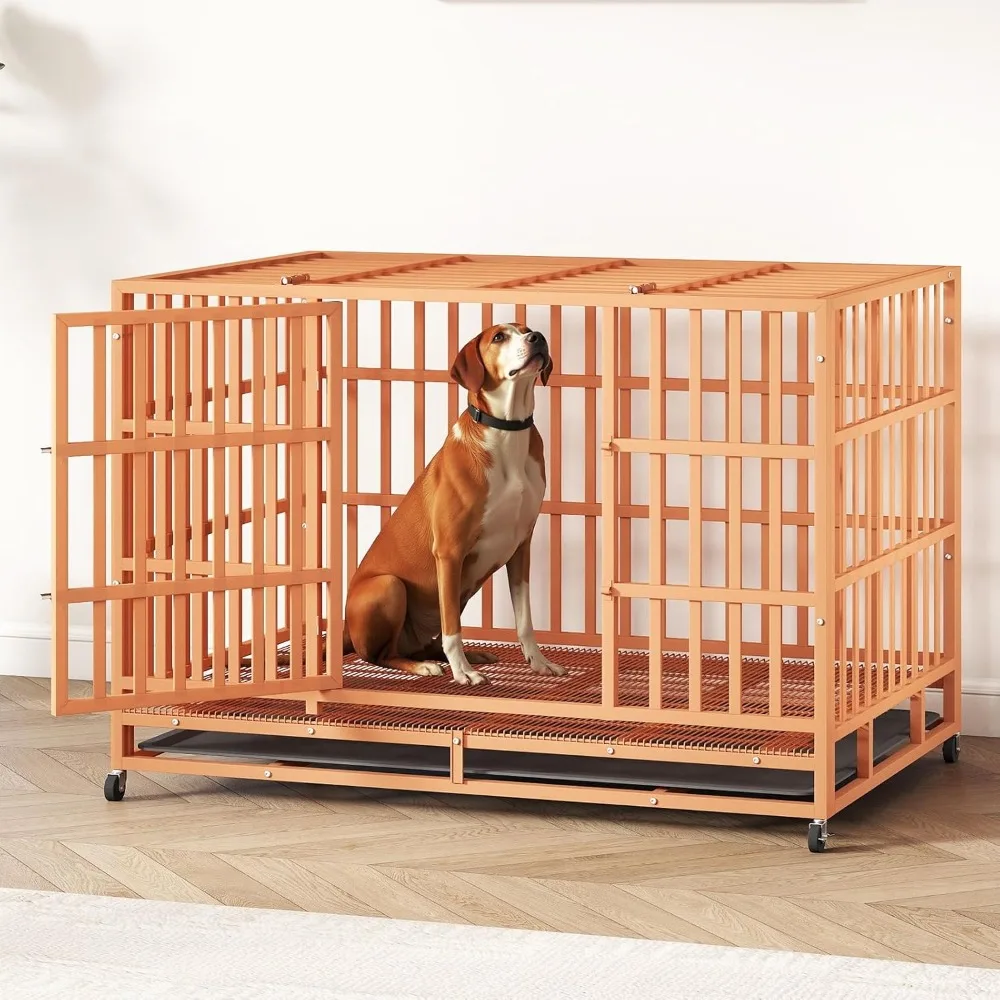

48 Inch Heavy Duty Dog Crate – Indestructible Steel Cage for Large Dogs, Double Door High Anxiety Cage with Removable Tray & Loc