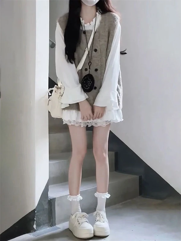 

Sweet Casual College Style Soft Cozy Knitted Sweater Vest Cardigan Shirt Two Piece Set Breathable Lightweight Autumn Wear