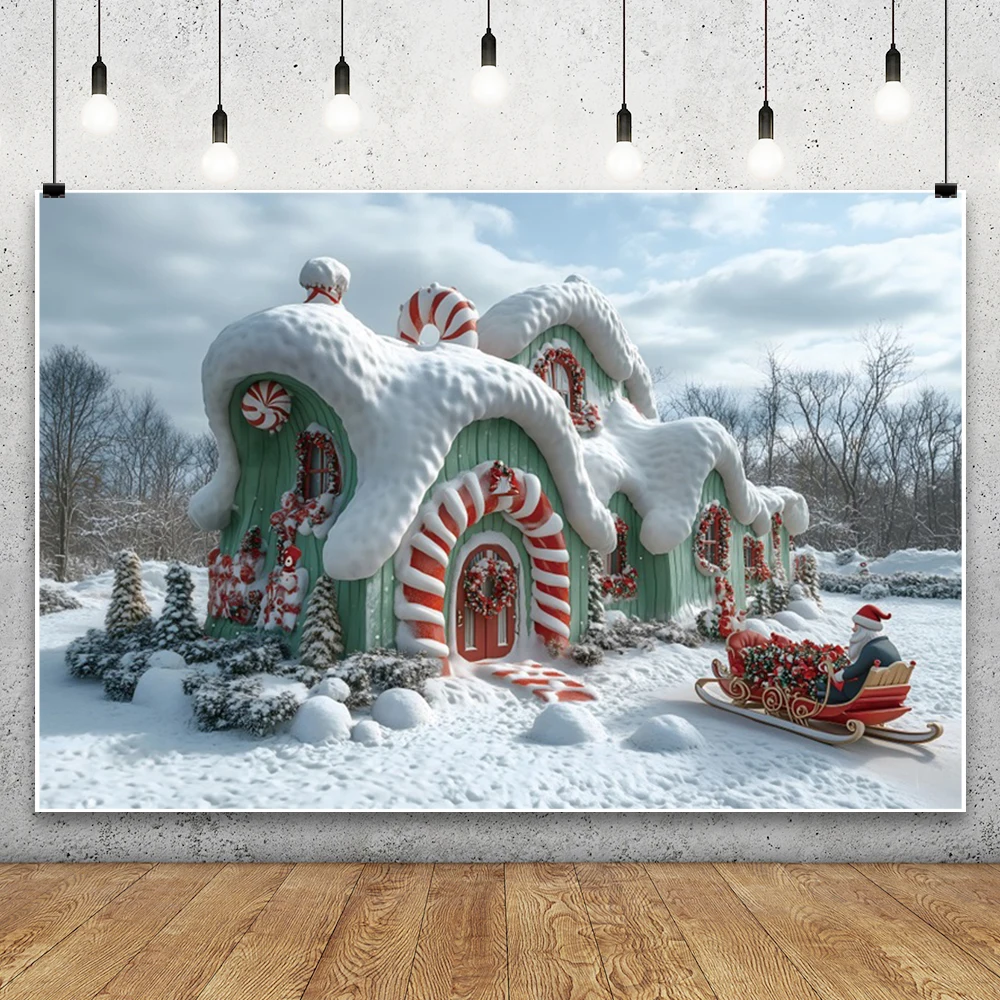 Feliz Navidad casa de nieve telón de fondo bosque de invierno paisaje nevado piruleta Santa cuento de hadas fotografía fondo estudio fotográfico