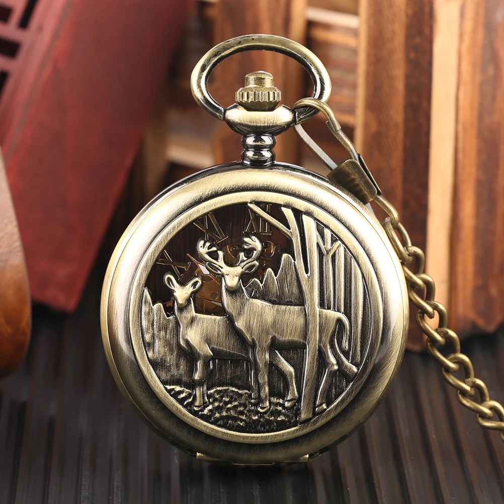 Christmas Gift Elk Mechanical Pocket Watch Men's Retro Pocket Chain Pendant Clock Double Cover Openable Luxury Vintage Timepiece