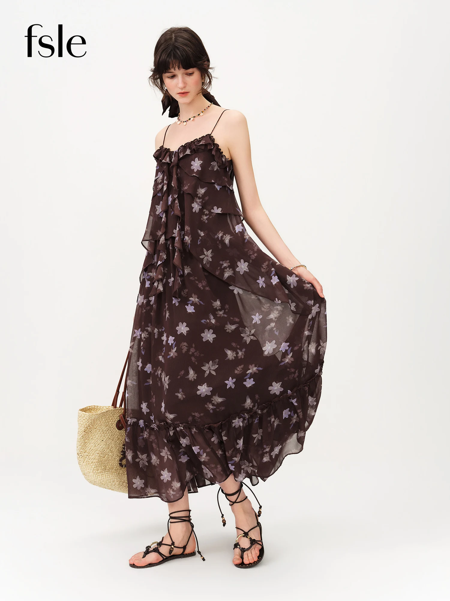 Robe longue à volants style halter FSLE, imprimé floral café et violet, nouvelle collection Printemp