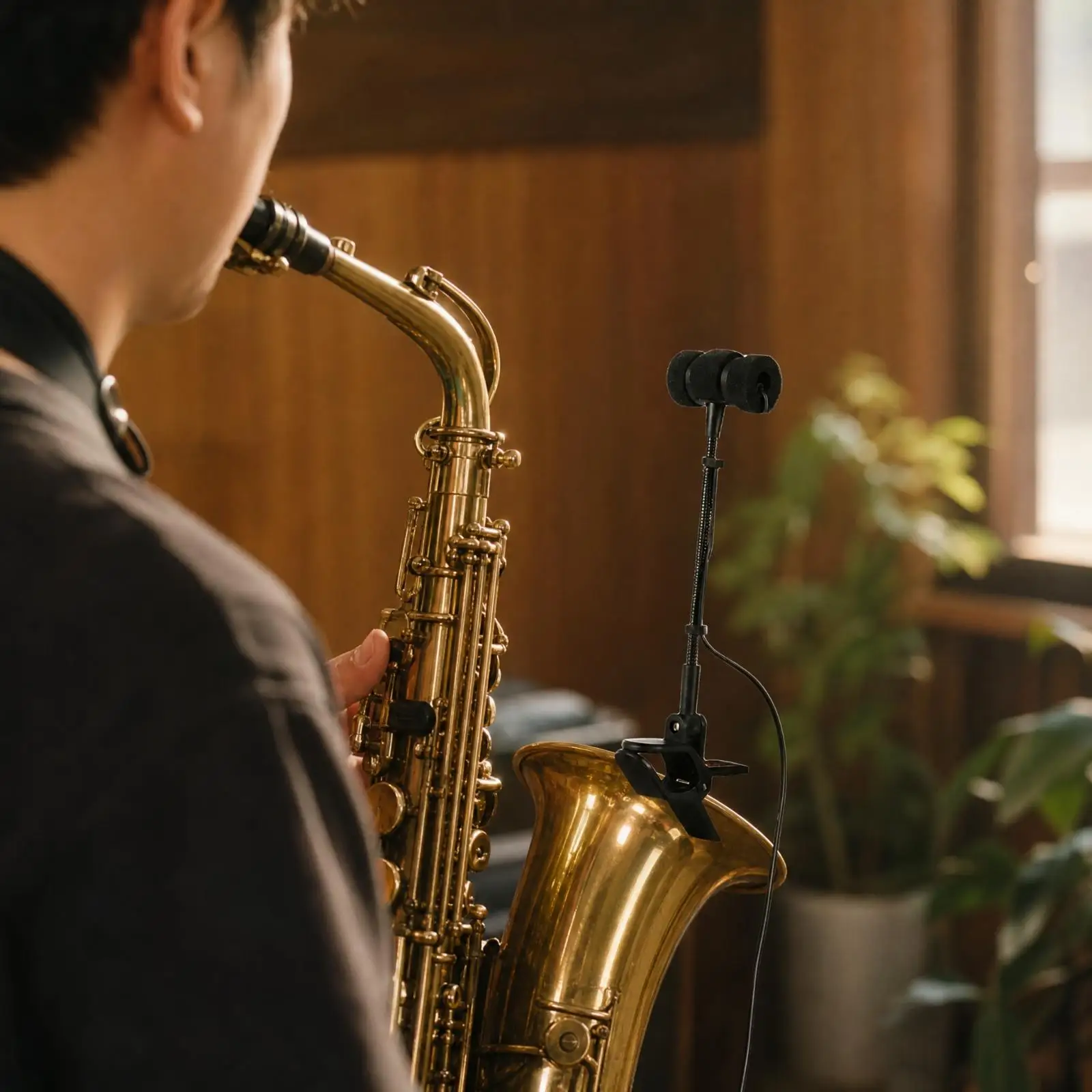 Clip on Saxophone Wireless Microphone Cardioid Condenser Pickup for Live Stage Studio Recording with Gooseneck Stem