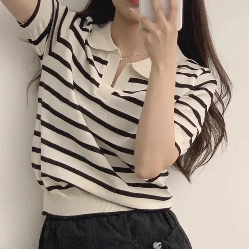 Chic Summer Vintage  Ne Color Blo Casual Loose ort Sve Striped Knitted Top Women's Korean Sle Commute Faion