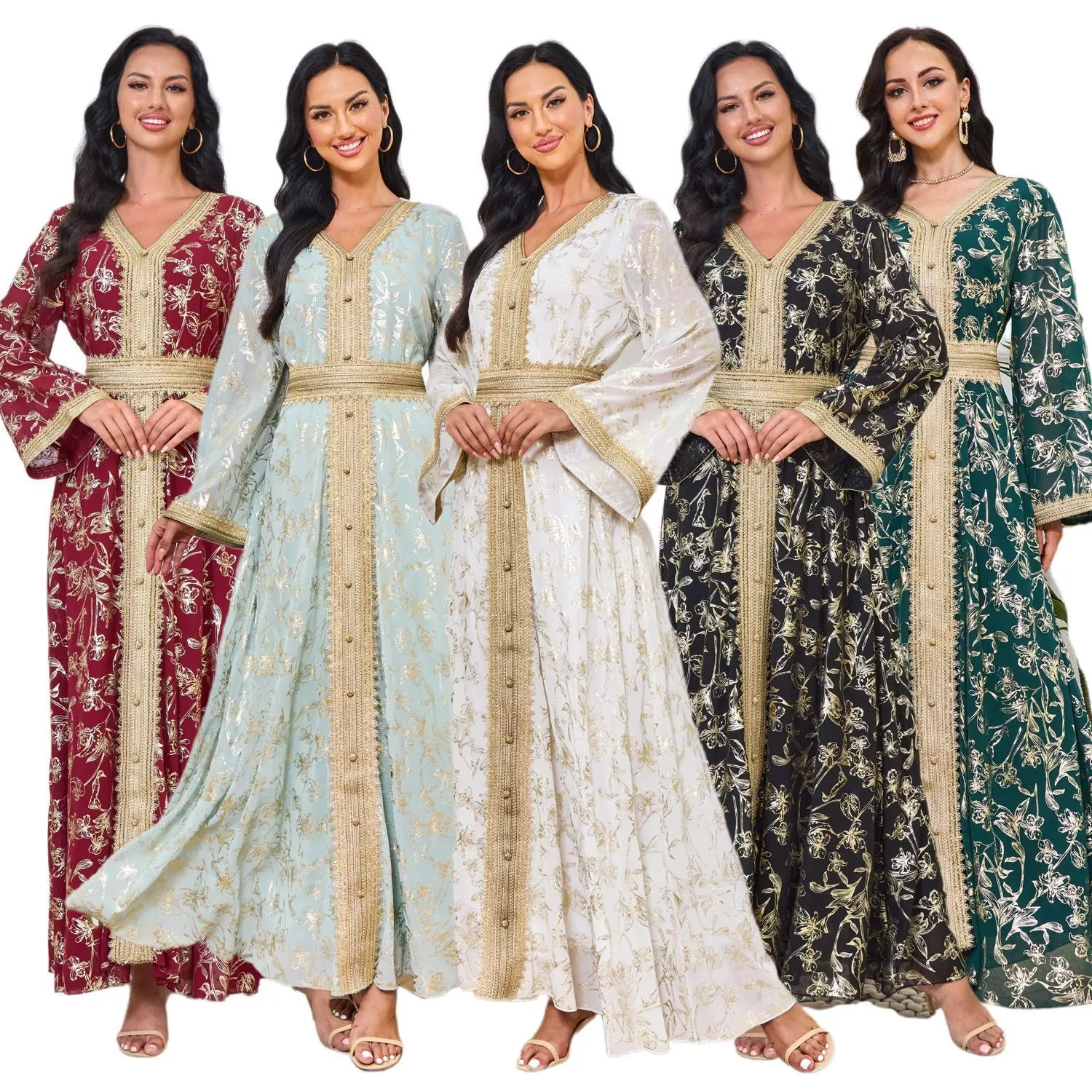 

Middle East Evening Dress Muslim Women's Dress Grab Flower Bronzing Fashion Robe Stage Performance Dress-up Accessories Set