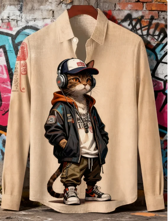 قميص رجالي مطبوع ثلاثي الأبعاد على شكل قطة مصرية ملابس على الطراز الياباني Harajuku كورية بأكمام طويلة ملابس خروج للمدرسة القديمة ملابس علوية للرجال #5