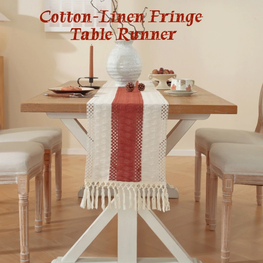 

Christmas Table Runner, Boho Macrame Table Decor with Tassels, Cotton Linen Dining Table Scarf for Holiday Party Wedding Decor