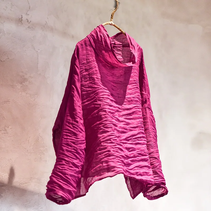 جديد وصول 2025 الصيف خمر نمط بلون فضفاض الإناث الياقة المدورة بلايز قمصان M191 المرأة القطن الكتان بلوزات غير رسمية #5