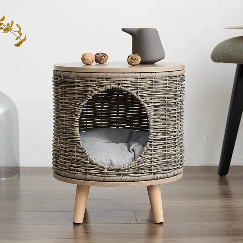 Rattan cat nest outdoor balcony pet hiding rain kennel four seasons cat house side few