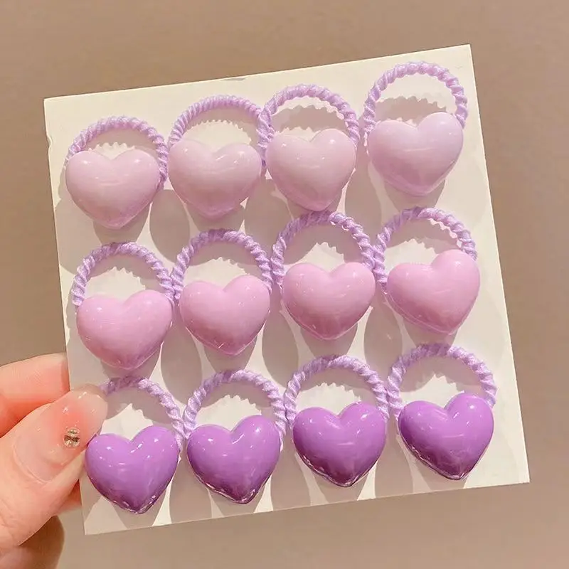 12PCS Lovely Candy Colored Heart-shaped Girls Elastic Hair Bands Princess Hair Accessories Children Hair Ties Baby Headwear