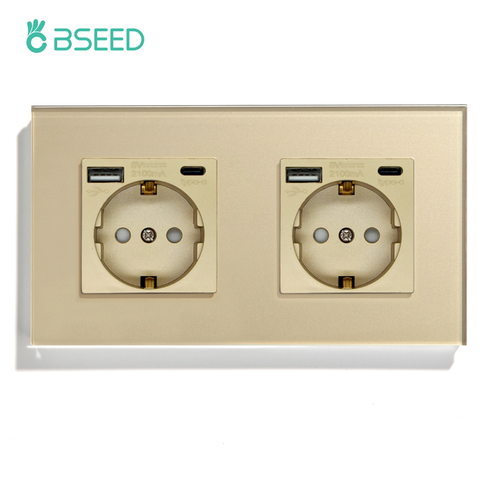 BSEED Einzelwandsteckdose mit Typ-C-USB-Anschlüssen, doppelte Glassteckdose, dreifache Steckdosen, Steckdosen, 16 A, Gold