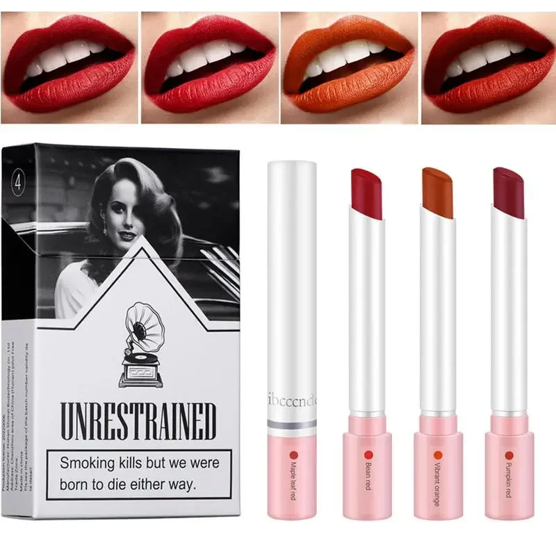 Juego de lápiz labial de cigarrillo creativo, lápiz labial mate de larga duración, resistente al agua, tubo de terciopelo rojo Nude, maquillaje de tinte de labios, 4 colores por juego