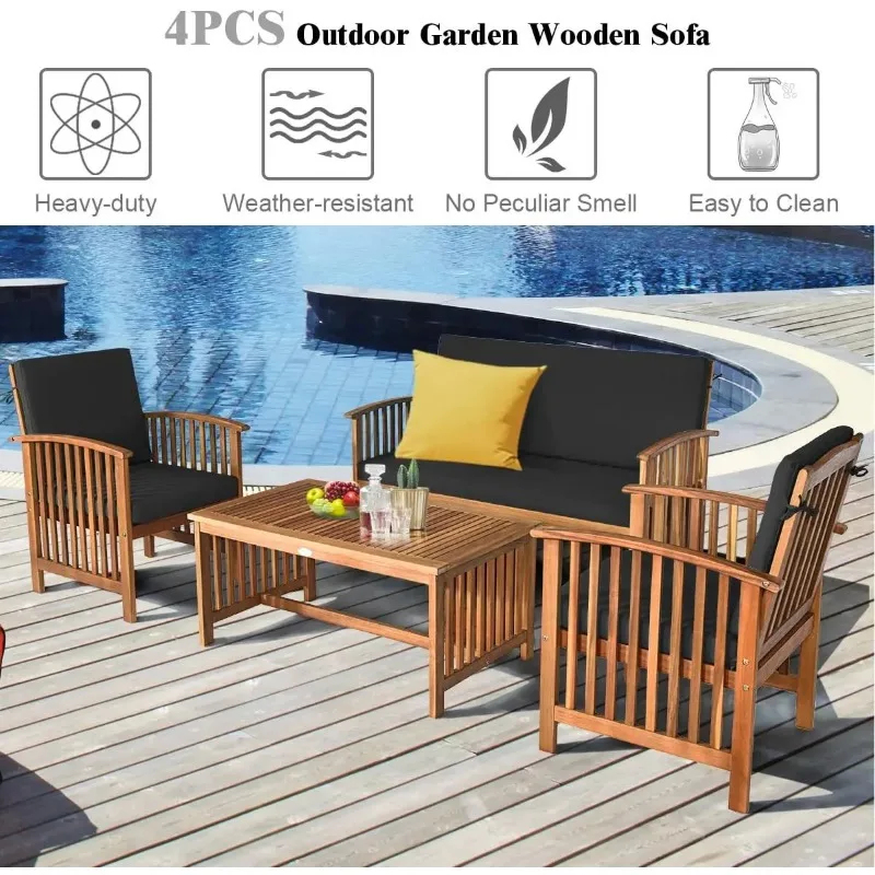 

Acacia Wood Patio Furniture, Wood Set with Water Resistant Cushions and Coffee Table, Outdoor Seating Set