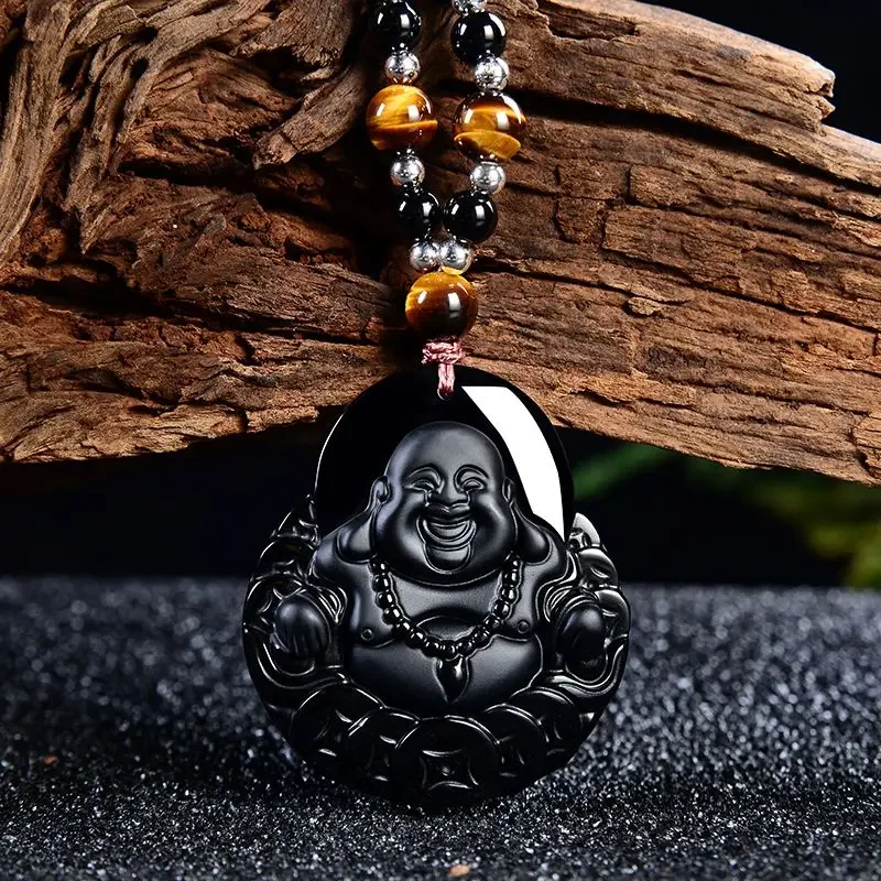 

Natural Obsidian Buddha Pendant Necklace Money Drawing and Luck Changing Maitreya Buddha Pendant Men's and Women's Sweater Chain