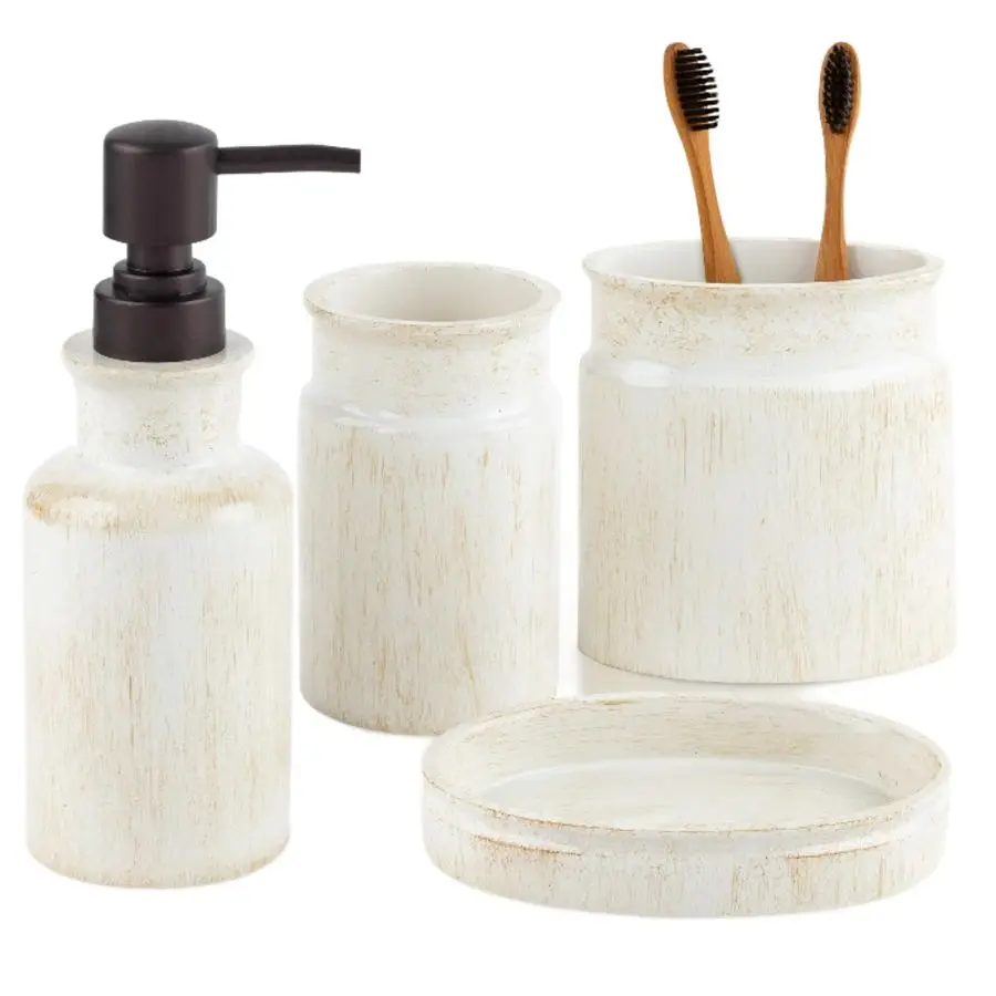 

Rustic Luxe Bathroom Accessory Set Complete 4 Piece Beige Bathroom Soap Dispenser Set has Lotion Dispenser, Toothbrush Holder, T