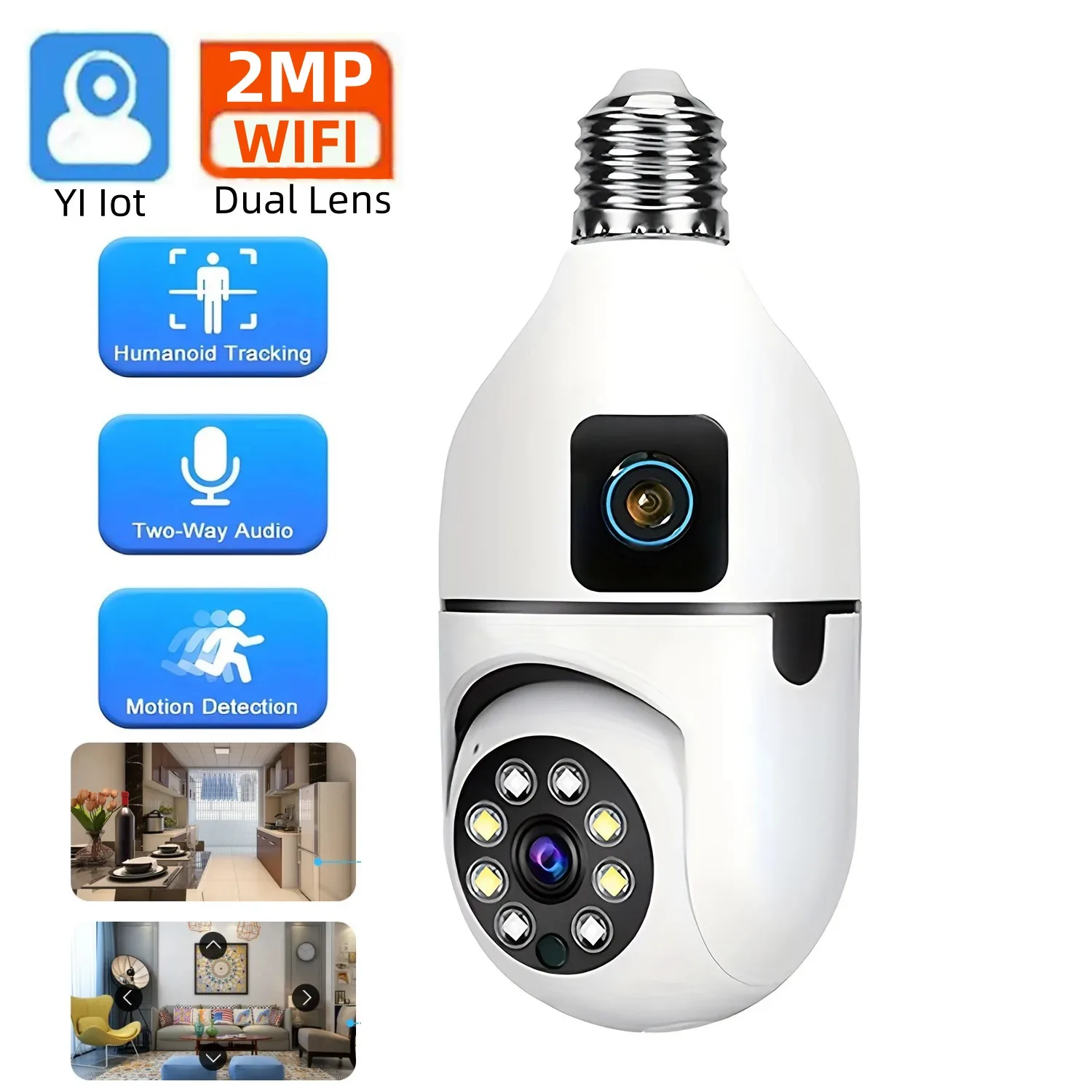 YI Iot 2MP E27 Bulb Surveillance Dual Lens Camera Night Vision Full Color Automatic Human Track Security Monitor Wifi Camera