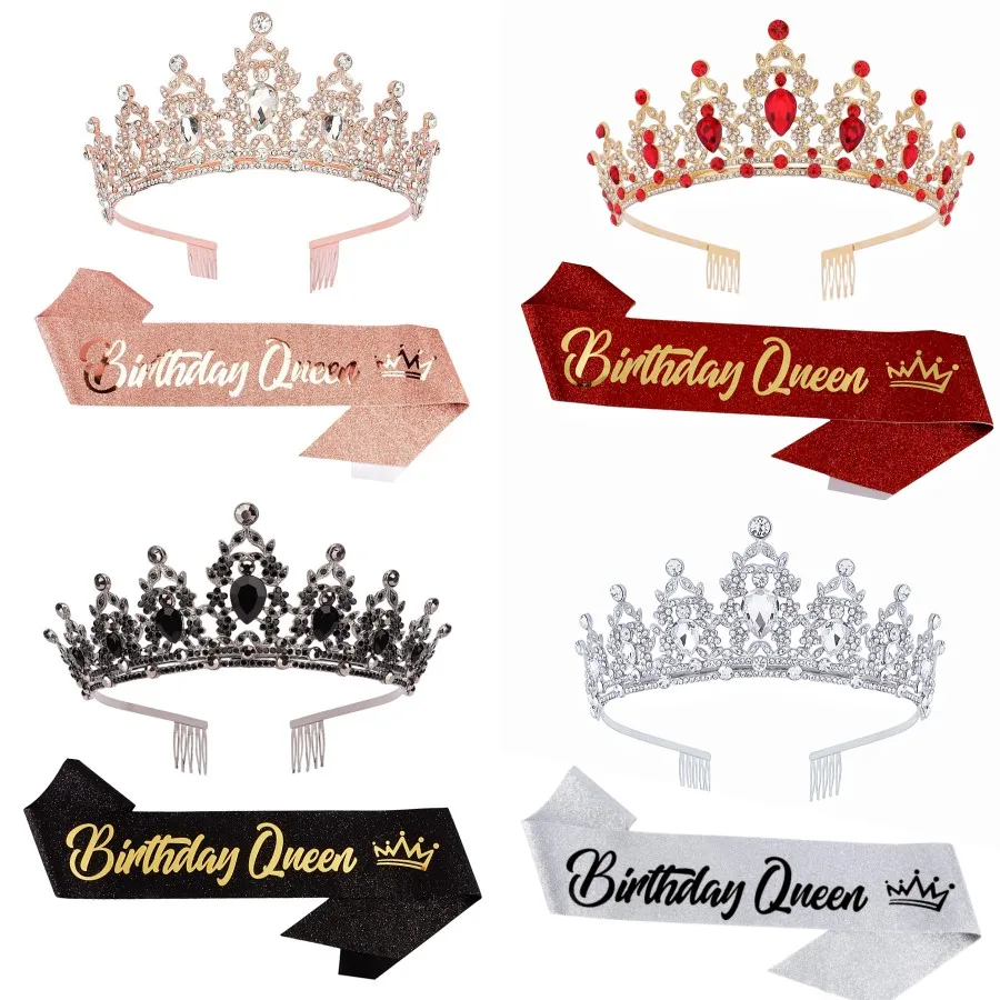 Barocke Strass-Geburtstagskönigin-Schärpe, Band, Krone, Tiara, Stirnbänder, Schärpe mit Anstecknadel, Happy Birthday Party für Frauen und Mädchen – Detail 1