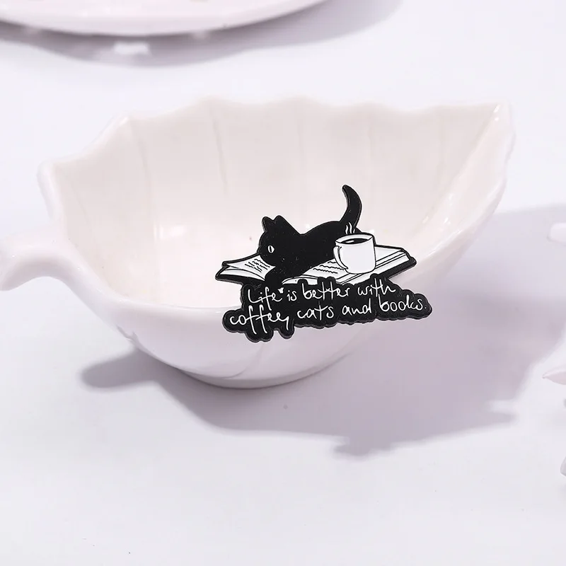 Cute Cartoon Animal Enamel Pin Life is Better with Coffee Cats and Books Brooch Decorative Metal Lapel Jewelry Badge for Friends