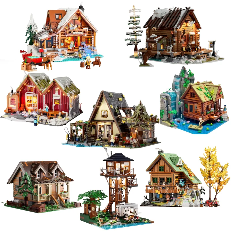 Colección de casas Vintage, bloques de construcción, cabina de montaña Islandia, campamento al aire libre, modelo ensamblado, juguetes, regalos coleccionables