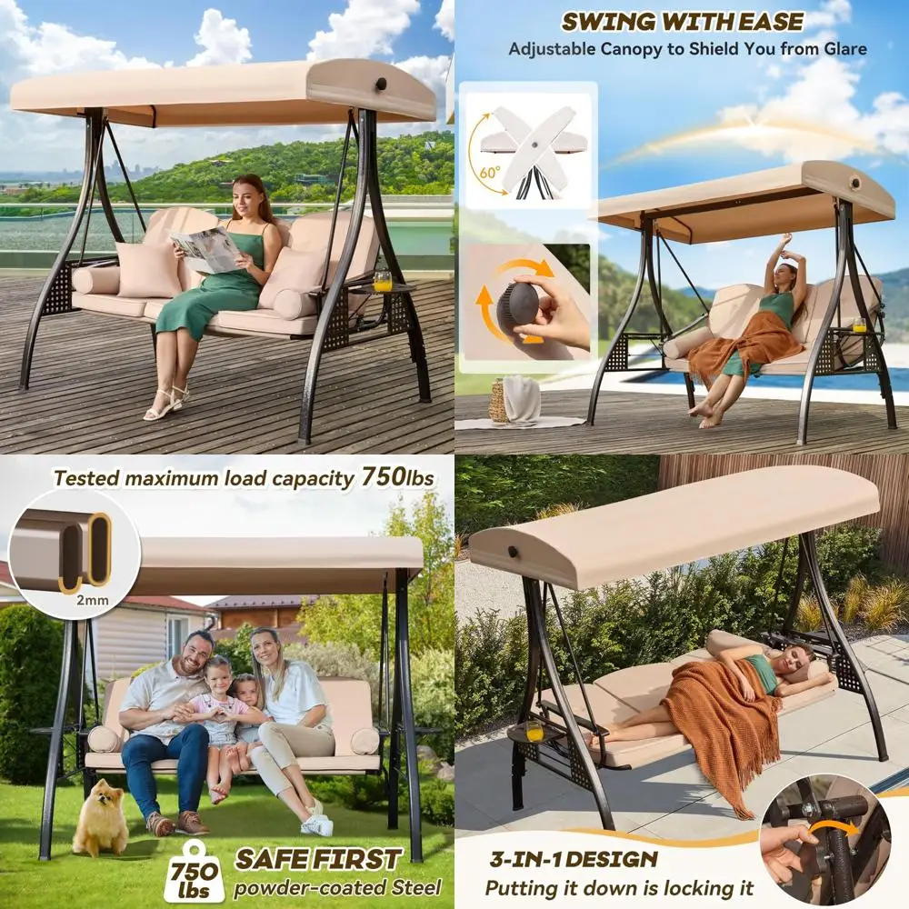 

"3-in-1 Outdoor Swing with Adjustable Canopy for Adults, 3-Seat Patio Swing Chair with Cushioned Comfort"
