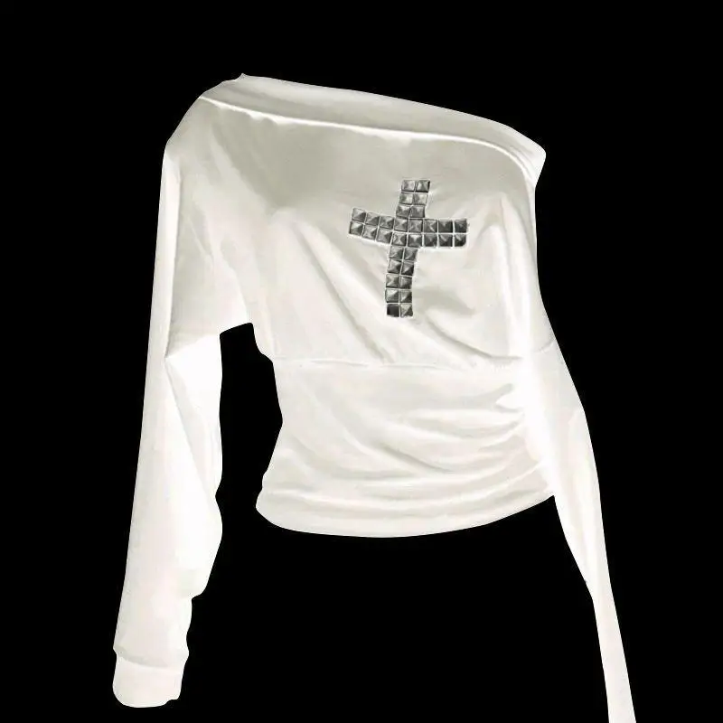 

Long sleeved off shoulder sexy T-shirt with rhinestone black gothic style cross-border wholesale streetwear Y2K ﻿