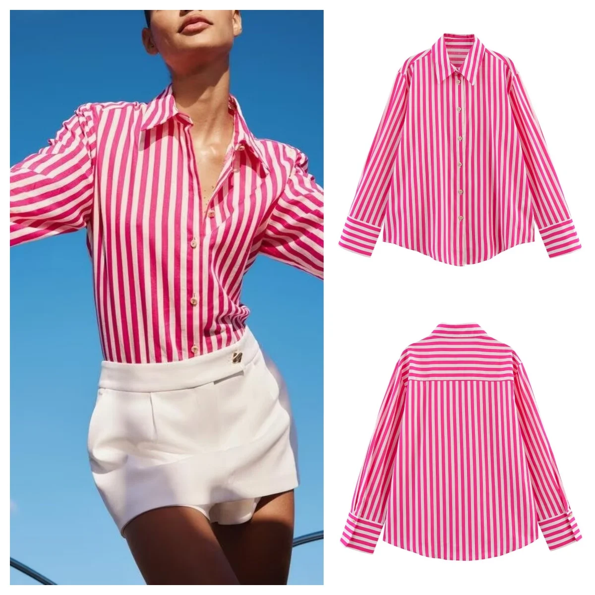 

European and American style 2025 new linen blended loose casual striped long-sleeved shirt