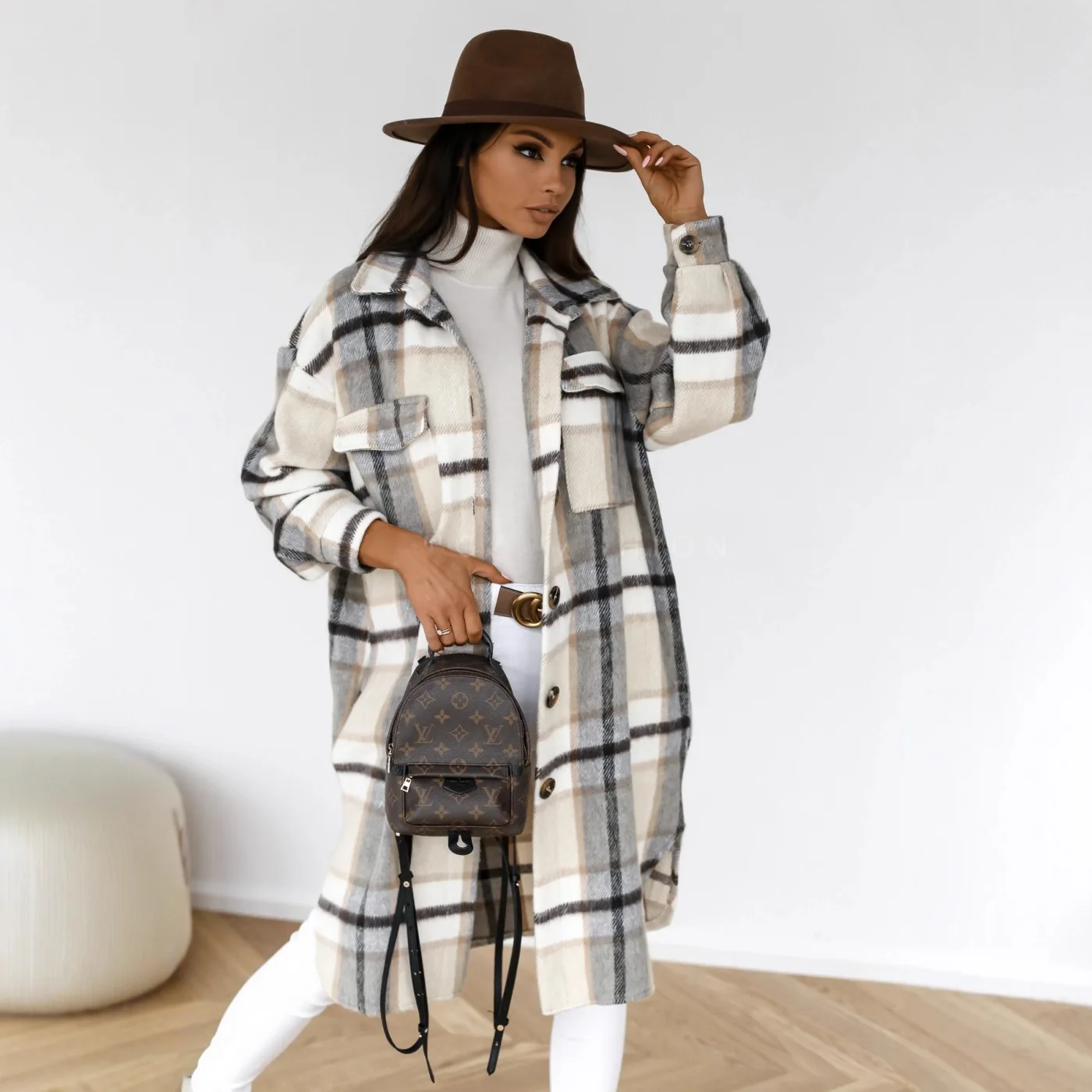 Women Check Tweed Long Shirt Autumn Winter Thickened Warm Single-breasted Cardigan Blouse Female Casual Double Pockets Outerwear