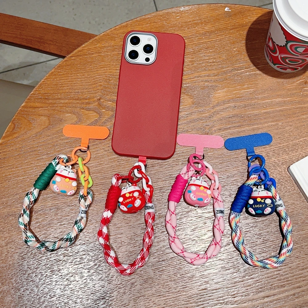 Universal Braided Mobile Phone Lanyard Strap Cartoon Cat Hanging Chain Ring Cord with Patch Wrist Strap Cell Phone Detachable