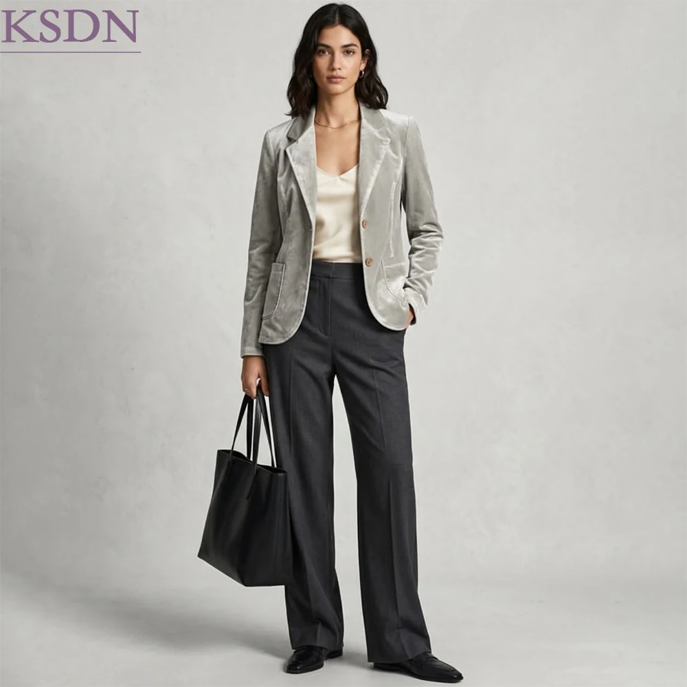 Tailor Made Women's Suits Fashion Velvet Single Breasted Notch Lapel Blazer With Black Pants 2 Piece Office Lady Female Clothing