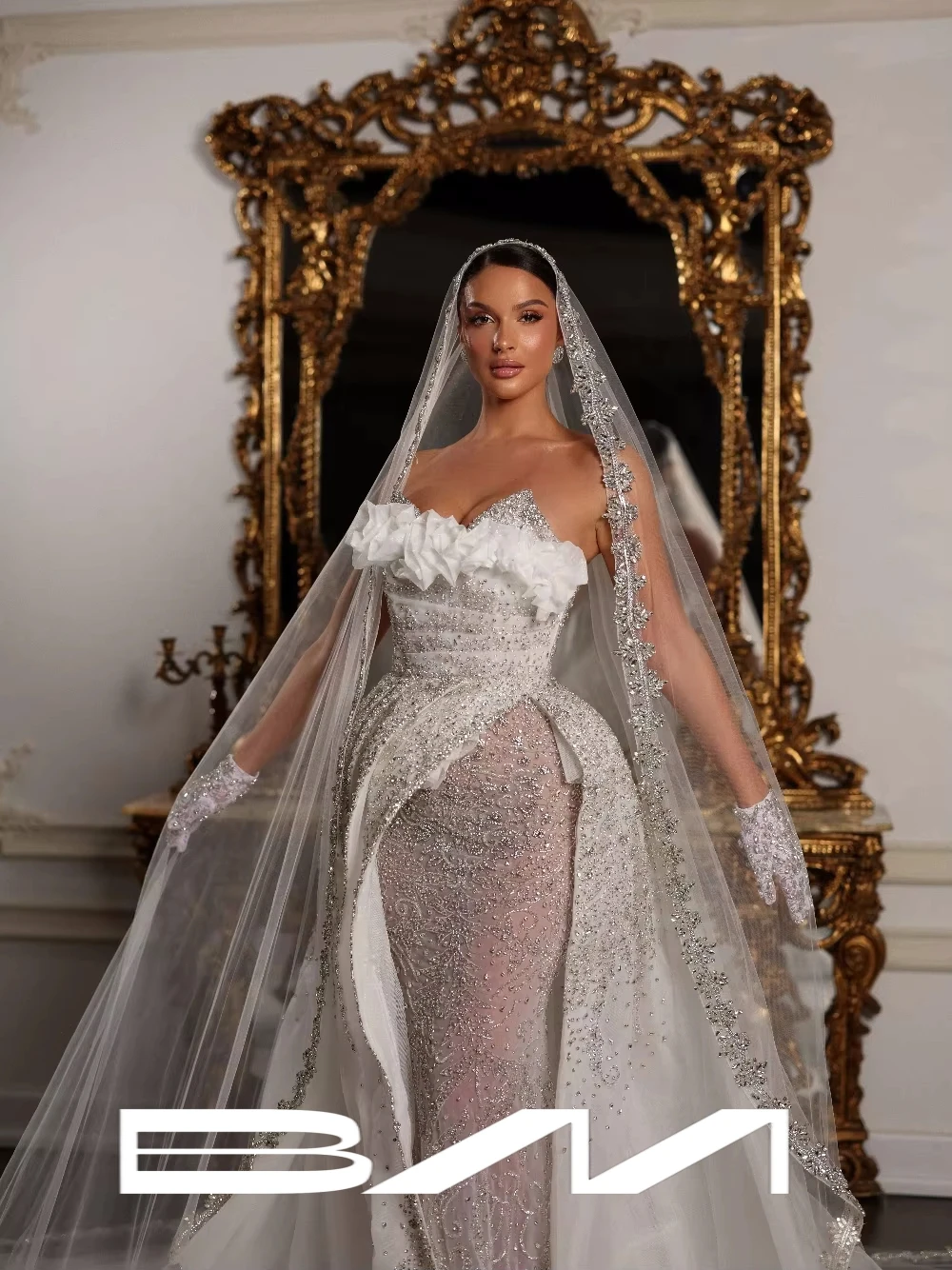 

BRLMALL Shiny A Line Ruffled Wedding Dress Gorgeous Strapless Beaded Bride Wear Customized Luxurious No Veil No Gloves