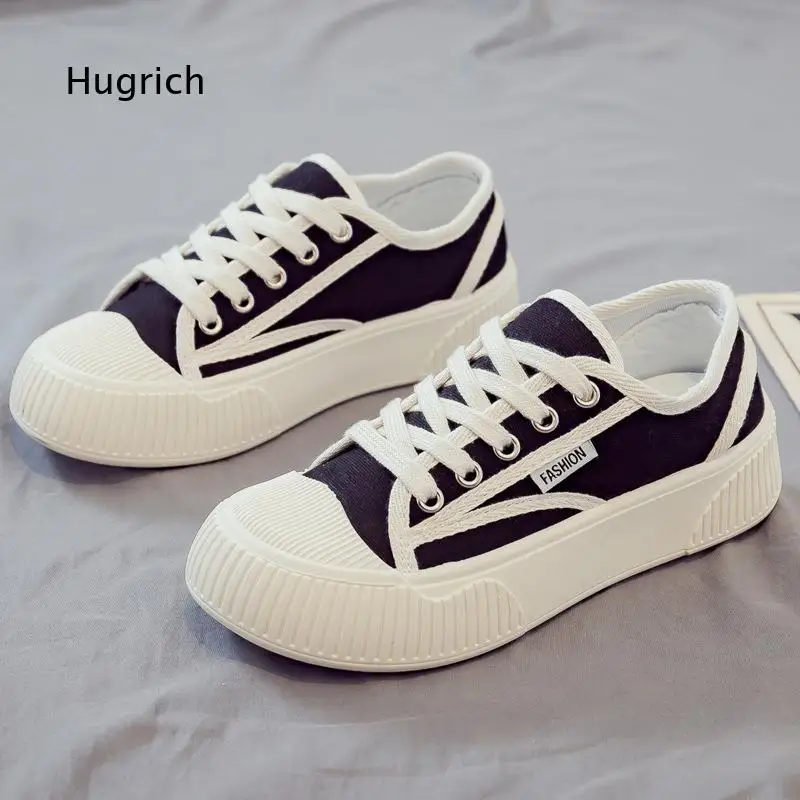 Lace Up Platform Canvas Sneakers For Women Contrast Color Upper Label Decor Thick Sole Walking Footwear
