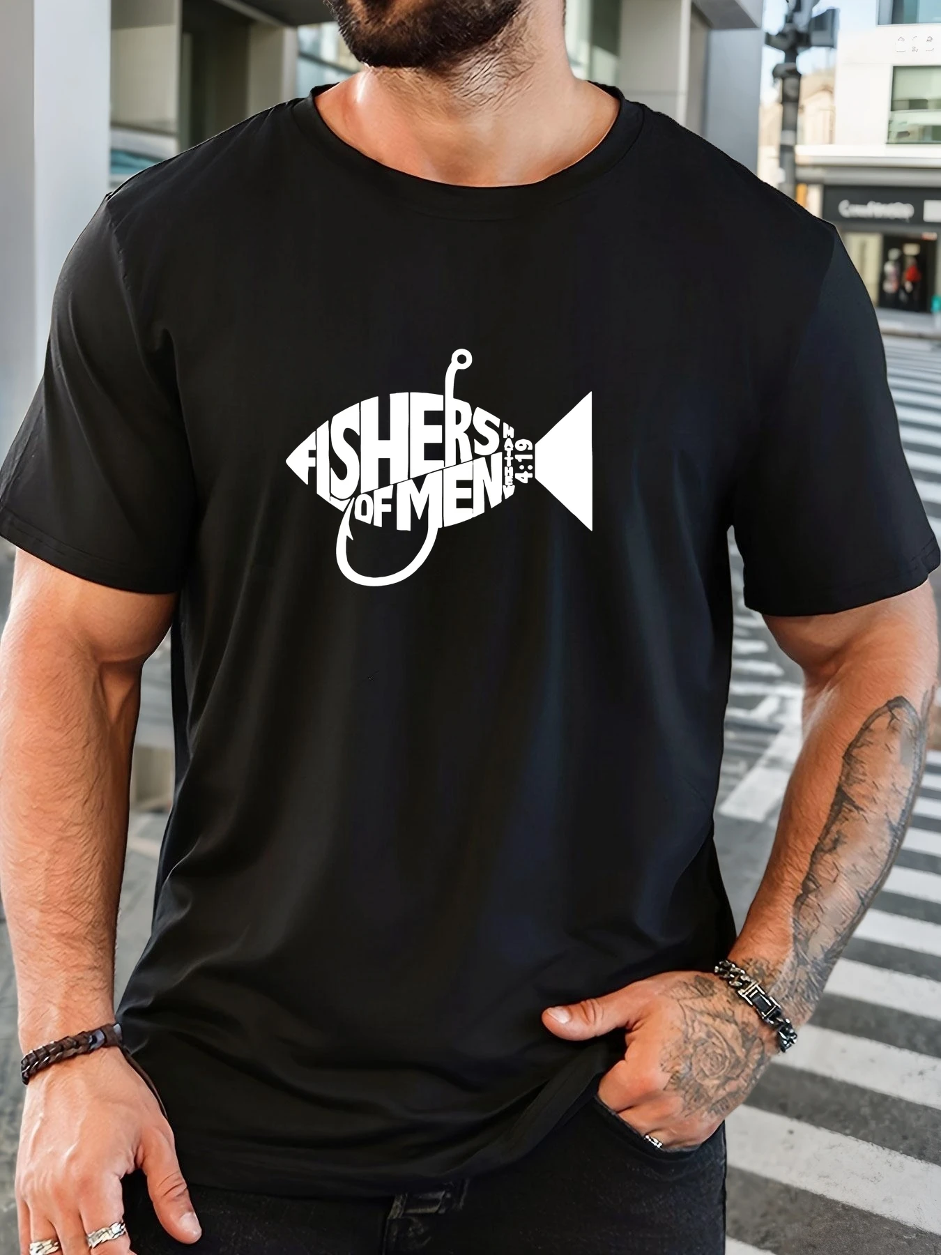 

Men's FISHERS OF MEN pattern summer casual round neck short T-shirt
