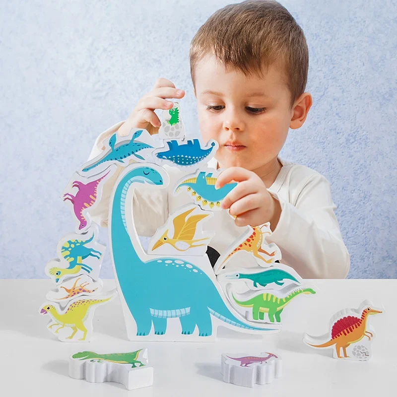 NEW Kids Educational Learning Toys for Children Wooden Dinosaur Stacking Blocks Toy Fine Motor Training Balance Game Montessori
