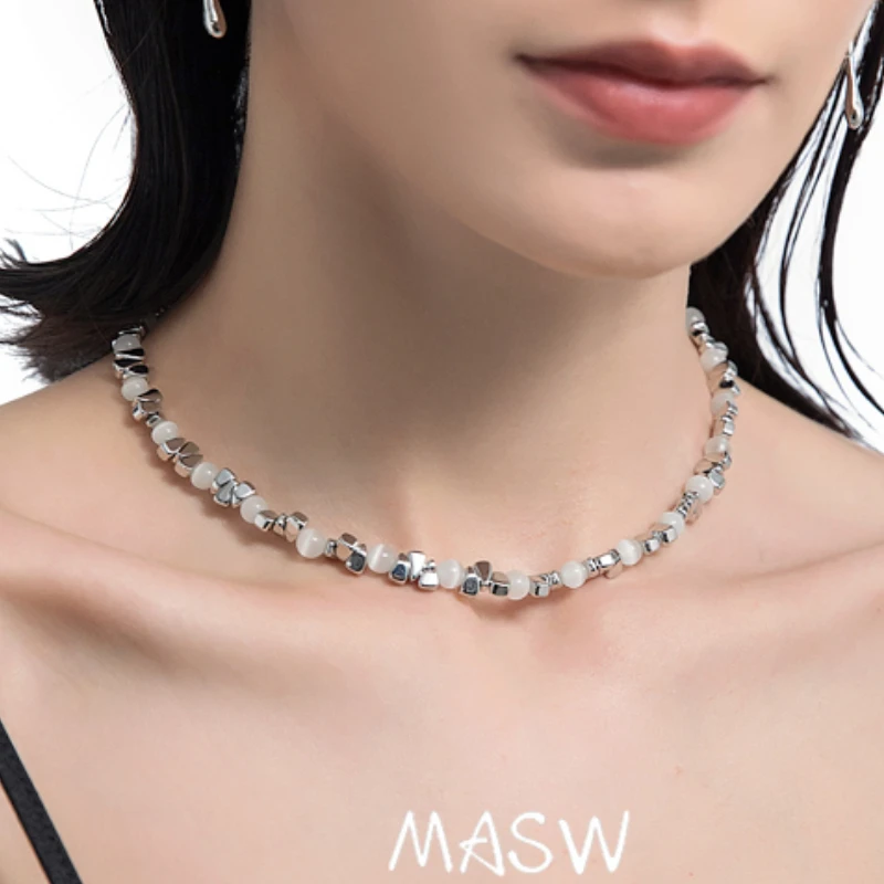 MASW Elegant Jewelry One Layer Round Pearl Necklace 2024 New Trend Irregular Metal Cat Eye Beads Necklace For Women Female Gift