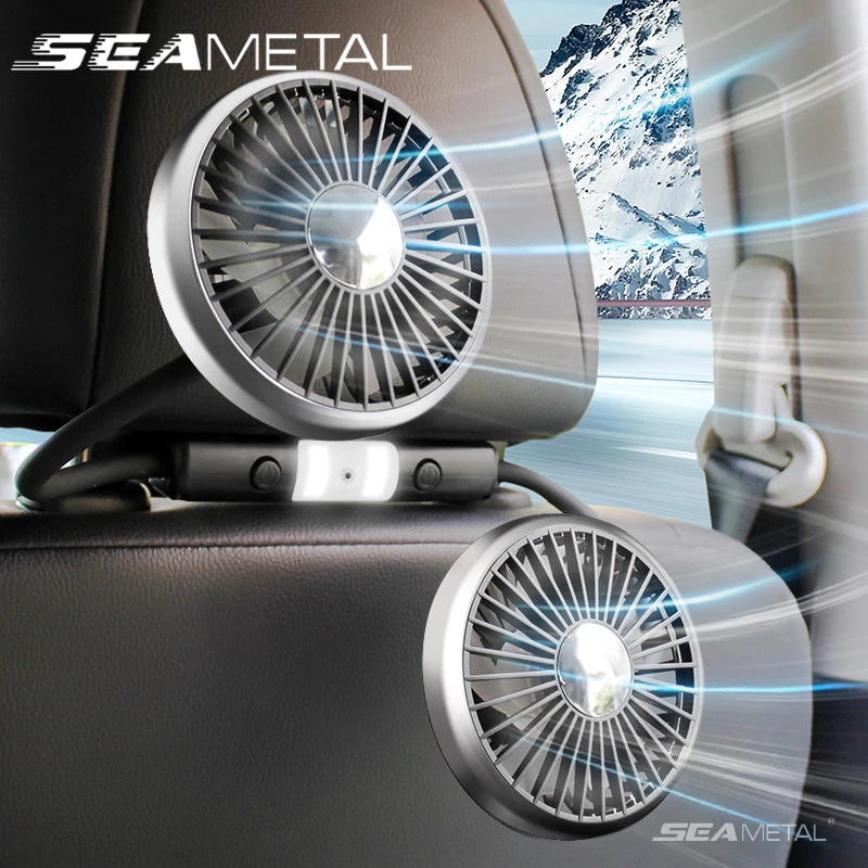 SEAMETAL Car Fan Cooling Dual Head Type-c Usb Car Fan 3 Speeds Adjustable Auto Cooler Air Fan With LED Lights Car Accessories