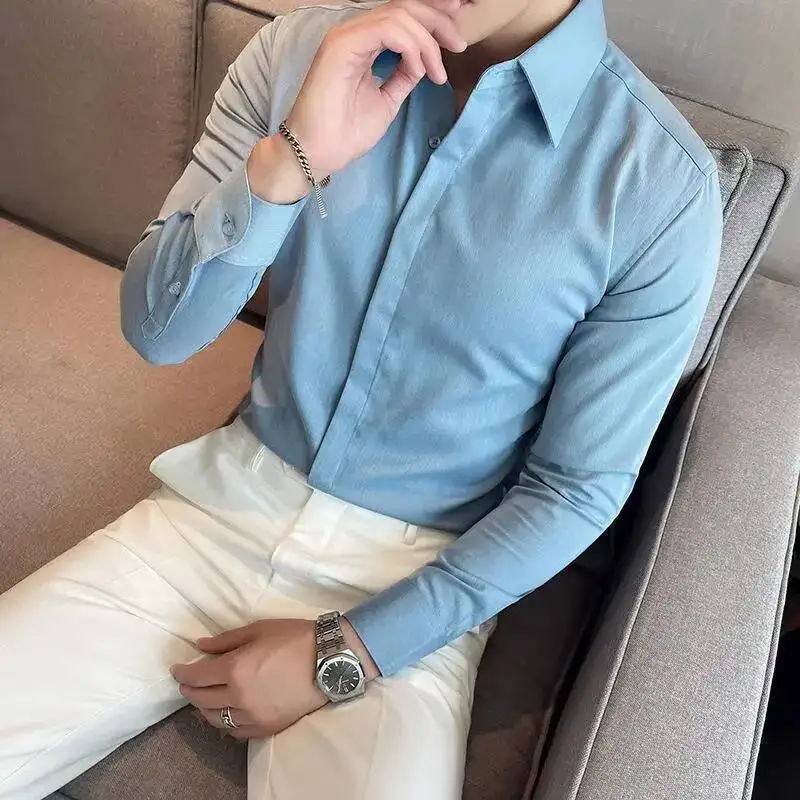 Long Sleeve Men's Shirt Pure Color Big Point Collar Hidden Button Casual Fashion Korean Style Autumn Wear For Live Broadcast