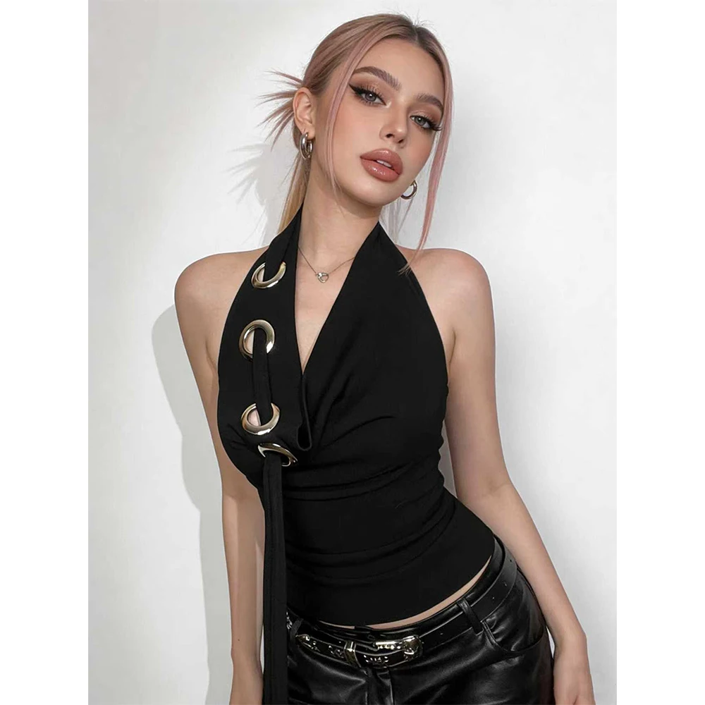Women Black Gothic Corset Top Emo Y2k Sexy Camisole Halter Backless Tank Top Off Shoulder Ruched Crop Top Summer Base Vest Top