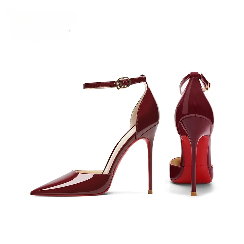 2024 New Wine Red High Heels Women's Thin Heels One Line Buckle Baotou Sandals Sexy and Temperament Pointed Hollow Single Shoes