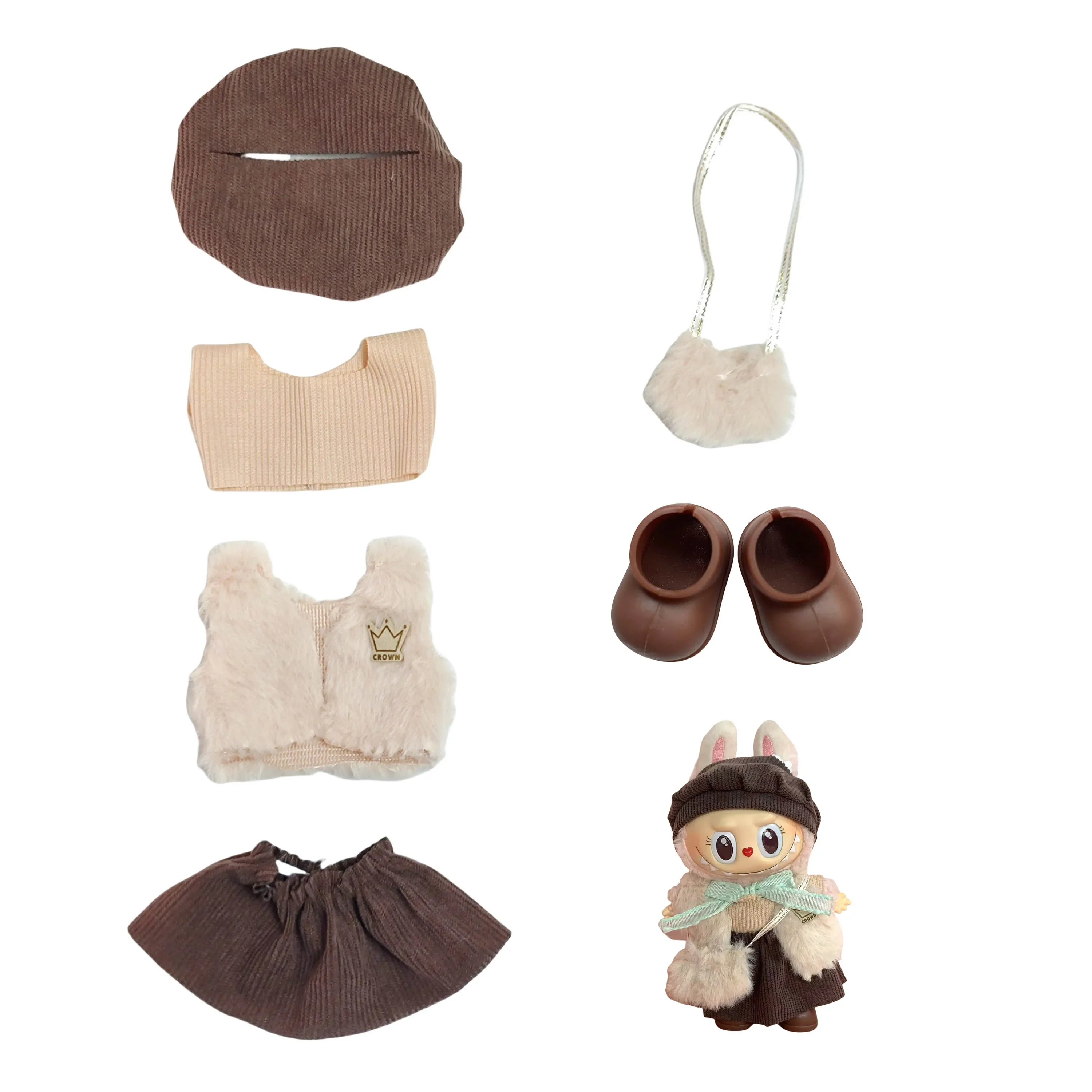 ملابس لملابس LabubuOutfit فقط】 ملابس دمى قطيفة، مجموعة ملابس بستاني بسلسلة مفاتيح يمكن ارتداؤها