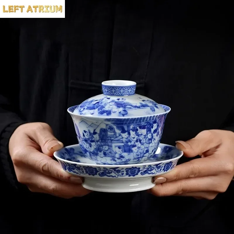 200ML Jingdezhen Blue and White Baizitu Sancai Cover Bowl Is Not Hot To Make Tea Bowl High-end Household Ceramic Kung Fu Tea Set