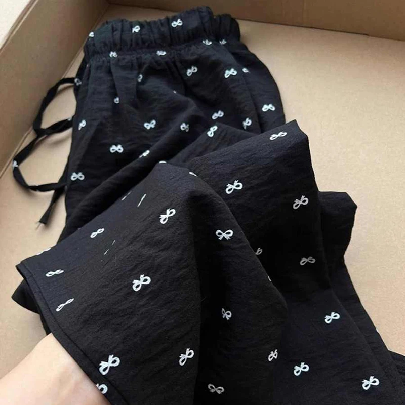 

Women Black Bow Printed Trousers Summer Drawstring Elastic Waist Wide Leg Pants Casual All-matched Straight Pant Lady