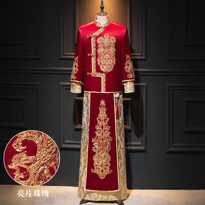 Chinese Vintage Men High Quality Beaded Embroidery Tang Suit Clothing Traditional Bridegroom Beat Man Wedding Dress