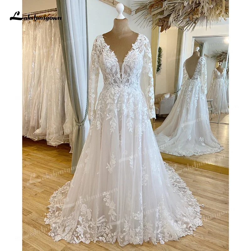 Requintado boho uma linha vestidos de casamento personalizado para as mulheres 2025 noiva sexy decote em v manga completa rendas apliques tule varredura vestido