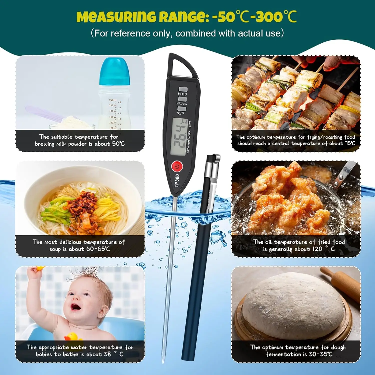 10 Set Waterproof Digital Food Thermometer with Long Probe for Cooking, BBQ, Candle, Candy – Instant Read Kitchen Tool (Black)