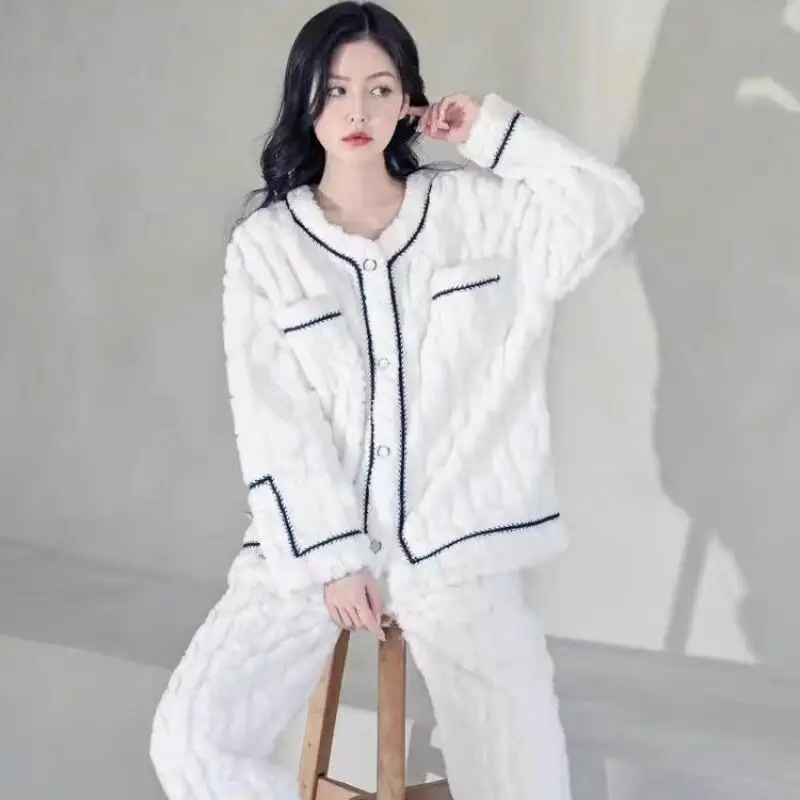 

Women's Coral Fleece Pajama Set Flannel Solid Color Winter Warm Sleepwear Cozy Cotton Comfortable Loungewear Homewear New Model