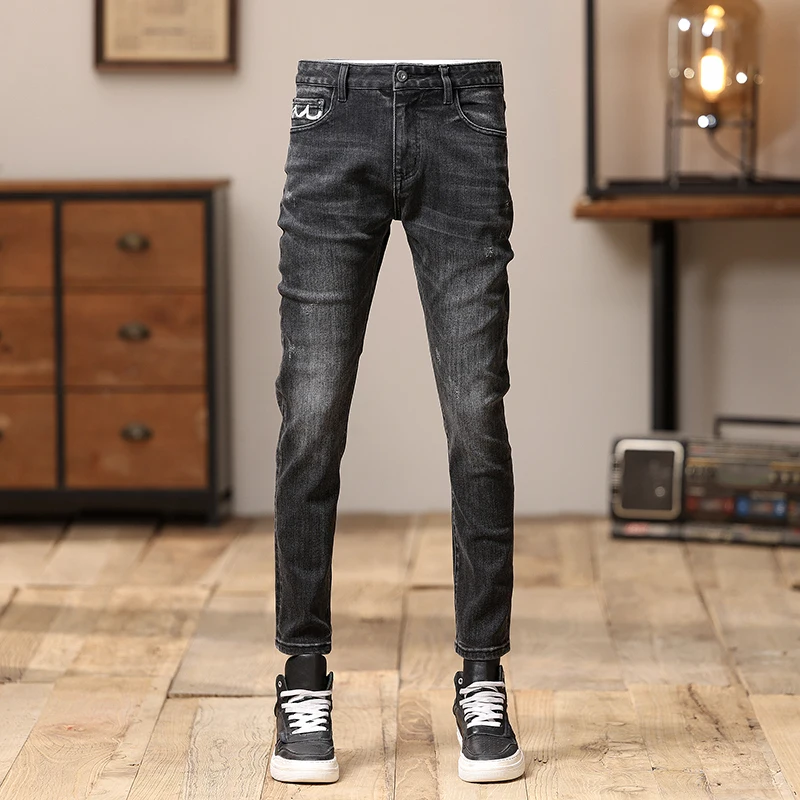 Trendy Fashion Men's Jeans Straight Skinny Versatile Embroidered Washed High-End Youth Daily Work Autumn and Winter Pants