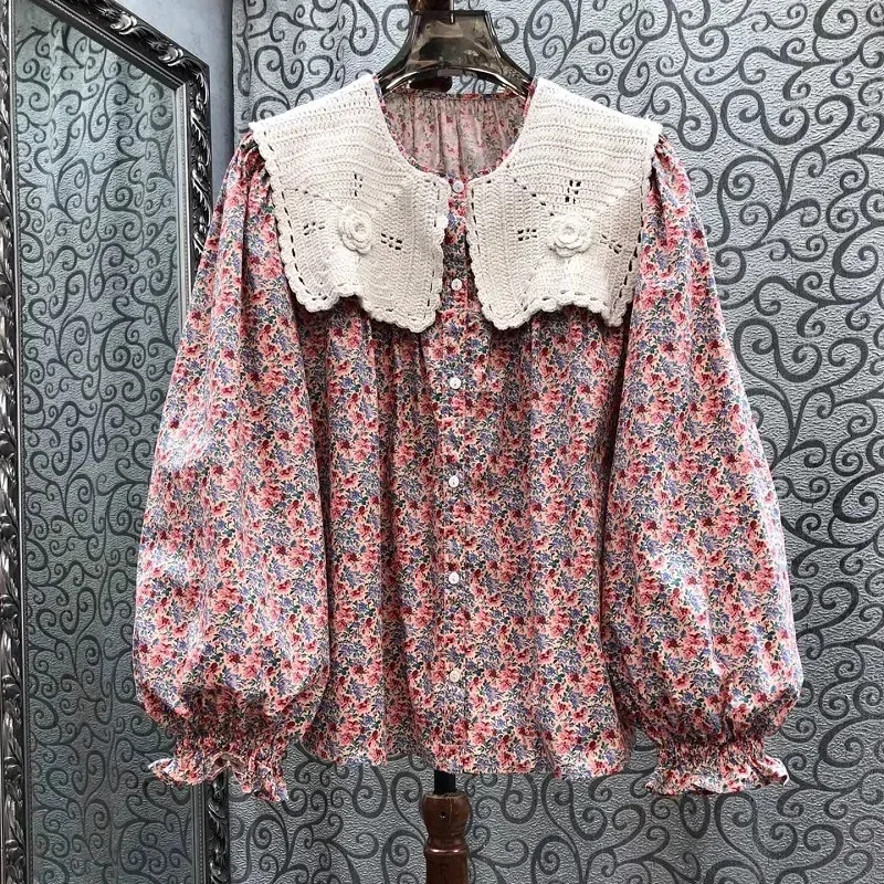 100%Cotton Shirts 2025 Spring Summer Fashion Blouses Ladies Crochet knit Patchwork Long Sleeve Blouses Women Sweet Floral Tops