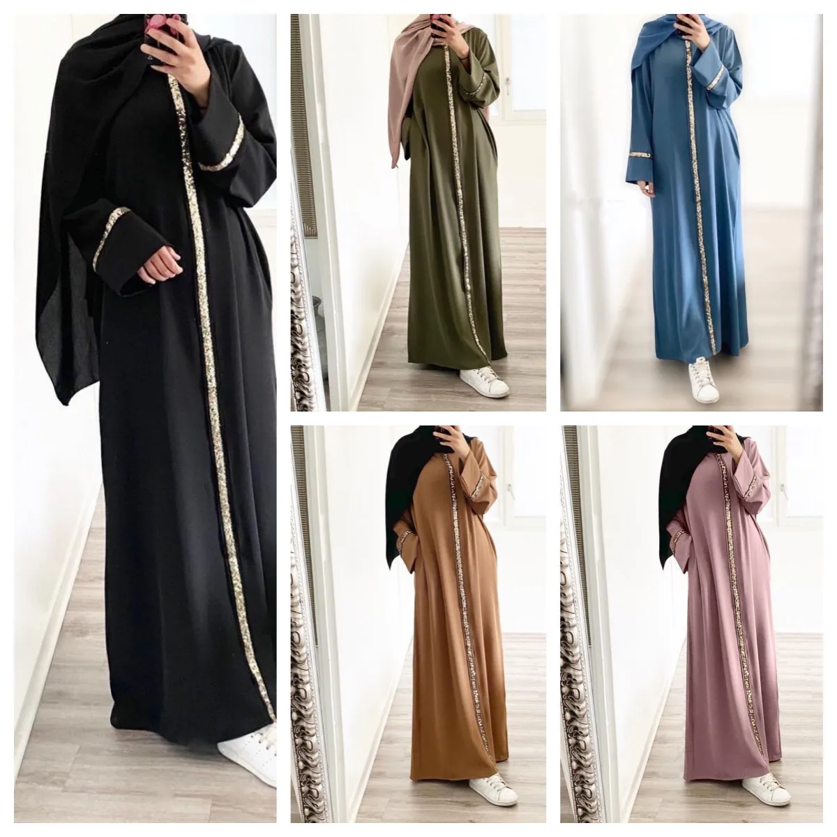 Casual Sequin Muslim Dress Women Solid Chiffon Kaftan Islamic Clothing for Women Arabian Dubai Abayas Vestido Longo Feminino