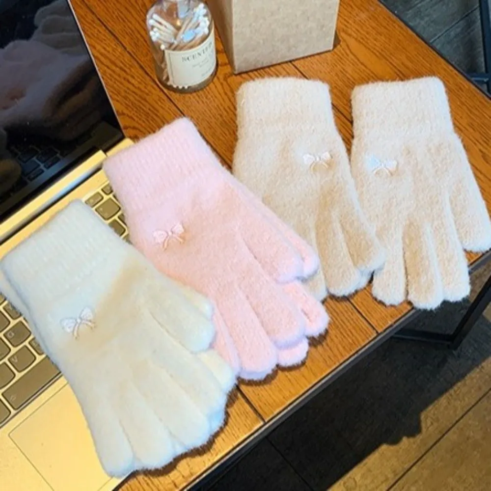 New Lovely Multicolor High Elasticity Gloves Thickened Windproof Winter Gloves Keep Warm Bow Soft Knitted Gloves Women Girls