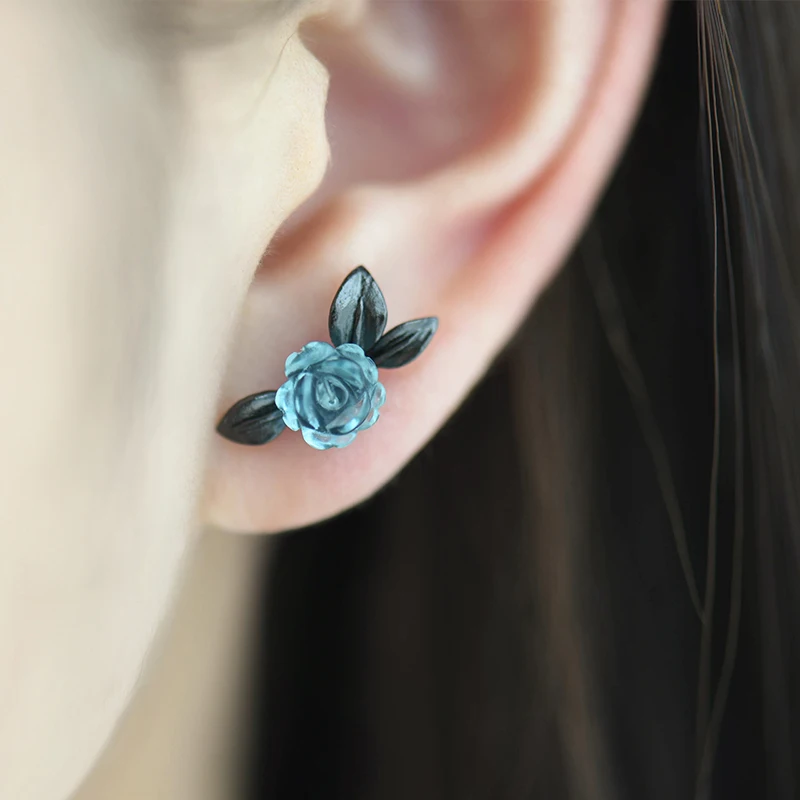 Thaya s925 Silver Thorn Blue Crystal Rose Design Black Stud Earrings for Women Asymmetry Flower Earring Female Jewelry Gift