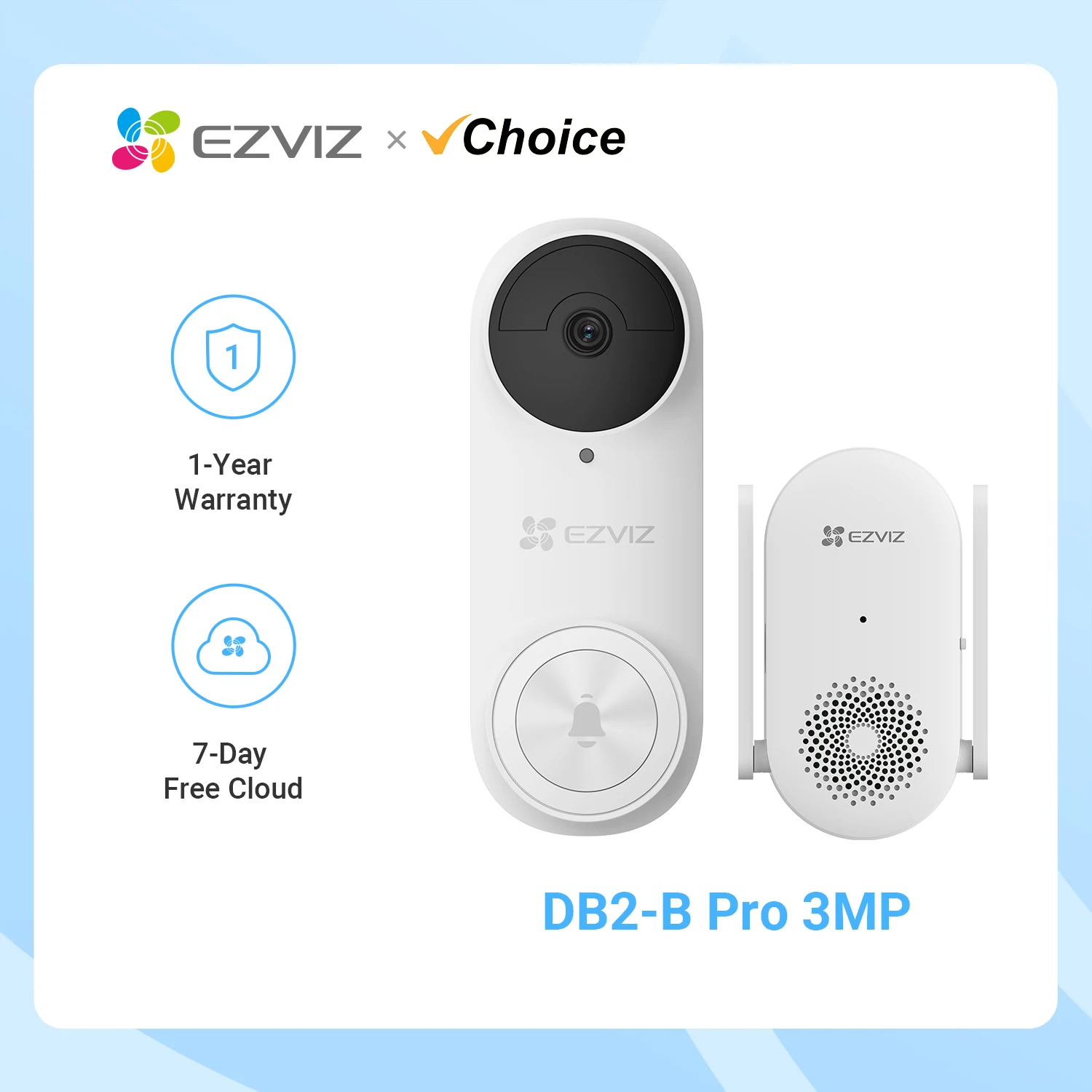 EZVIZ DB2-B Pro 3MP Battery-Powered Wireless Video Doorbell Kit with Chime, PIR Human Detection, 5200 mAh Battery, Weatherproof